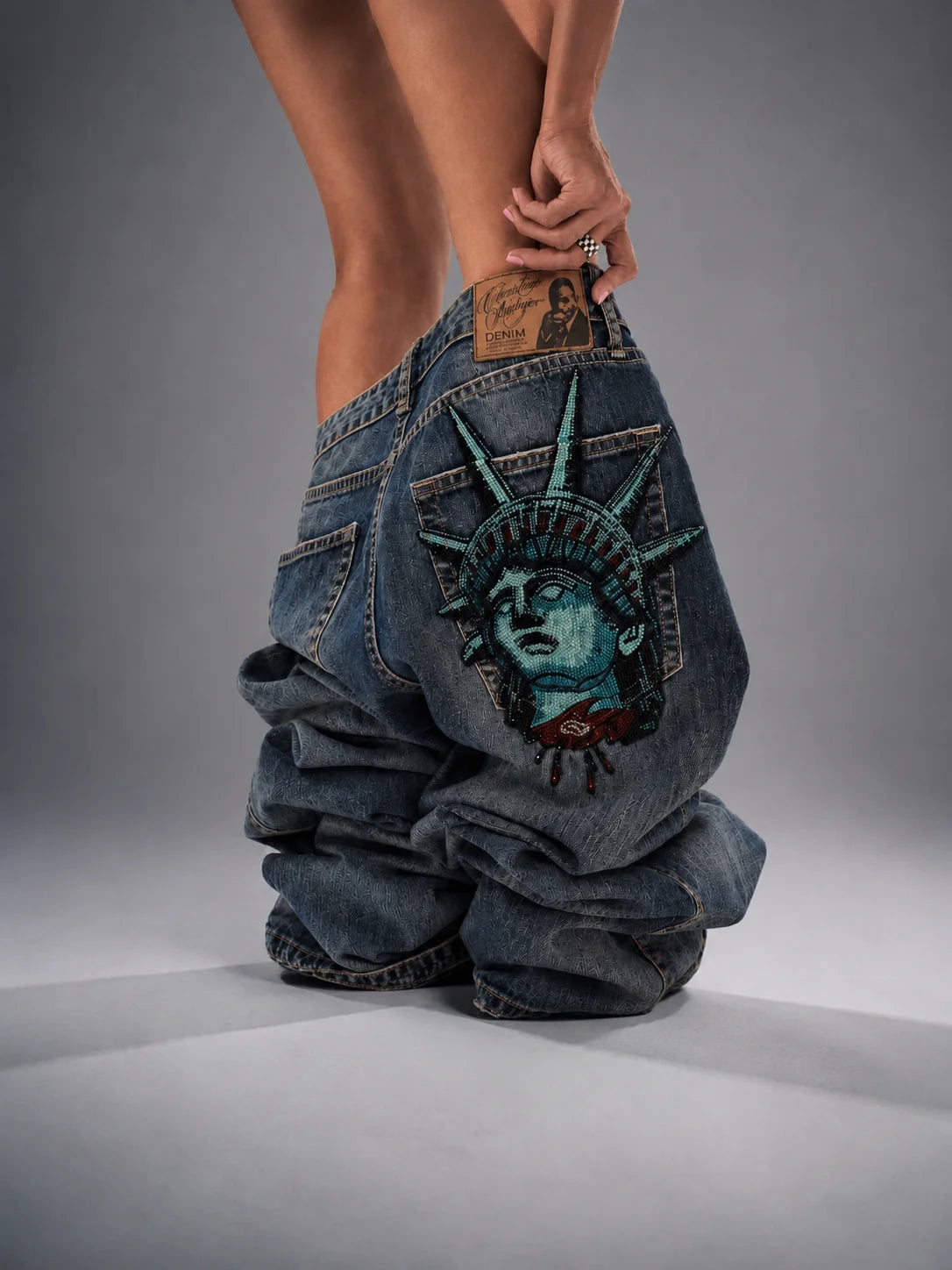 Y2k 2000s Statue of liberty Diamonds Jeans Casual Denim Pants High Waist Straight Wide Leg Jeans Harajuku Vintage Women Clothing