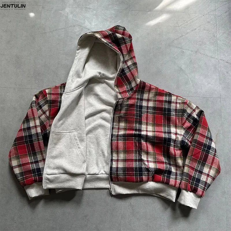American Double-Sided Plaid Loose Zipper Hoodie Men Y2K New Harajuku Hip-Hop Gothic Couple Casual Joker Sweatshirt Street Wear