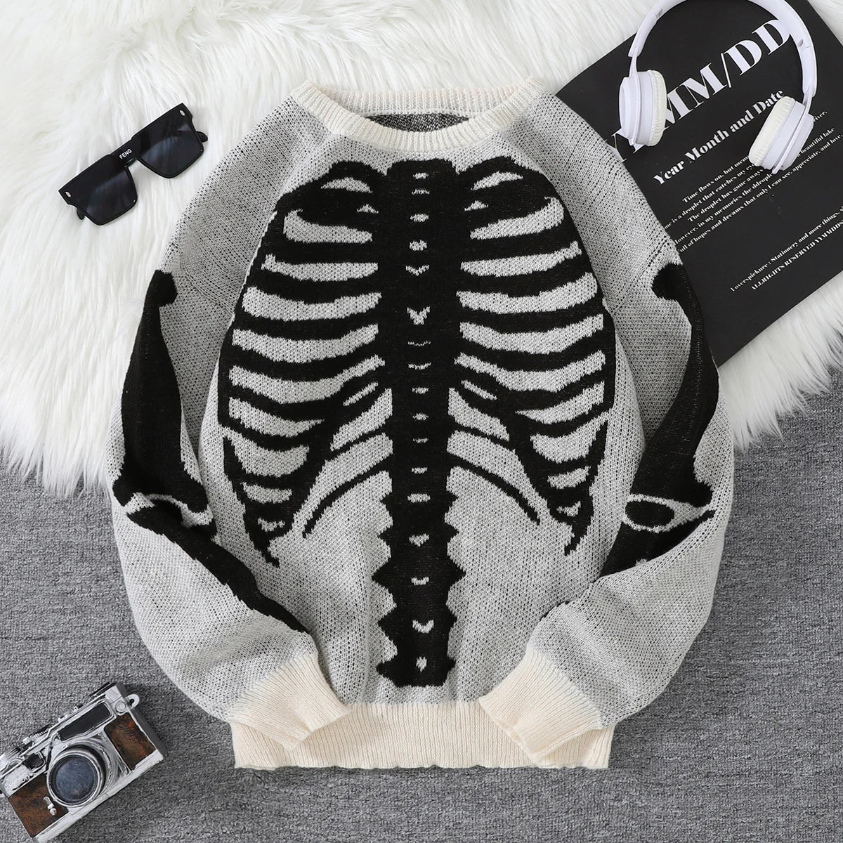 New Trendy Body Skeleton Jacquard Pattern Pullover Sweater Casual Round Neck Color-Blocking Knit Men's Pullover