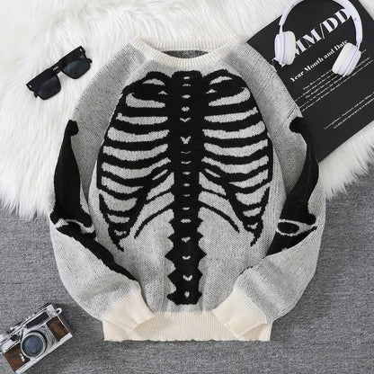 New Trendy Body Skeleton Jacquard Pattern Pullover Sweater Casual Round Neck Color-Blocking Knit Men's Pullover