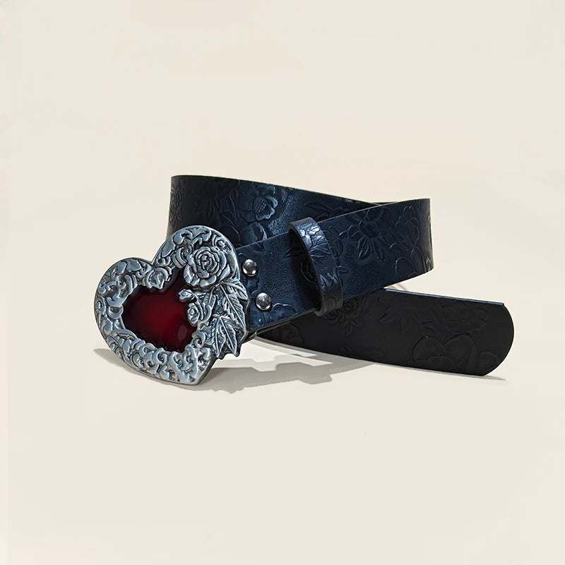 Heart Buckle Embossed Leather Belt