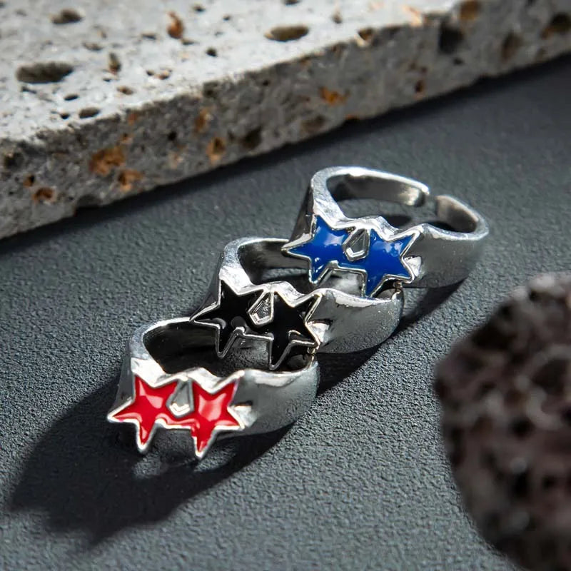 Vintage Black Drip Oil Pentagram Star Open Rings for Women Men Hip Hop Rock Metal Star Adjustable Couple Rings Jewelry