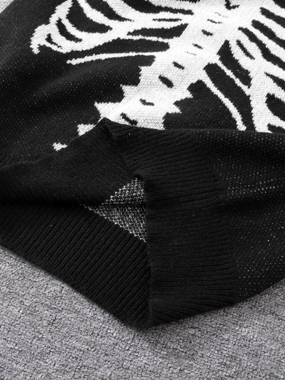 New Trendy Body Skeleton Jacquard Pattern Pullover Sweater Casual Round Neck Color-Blocking Knit Men's Pullover