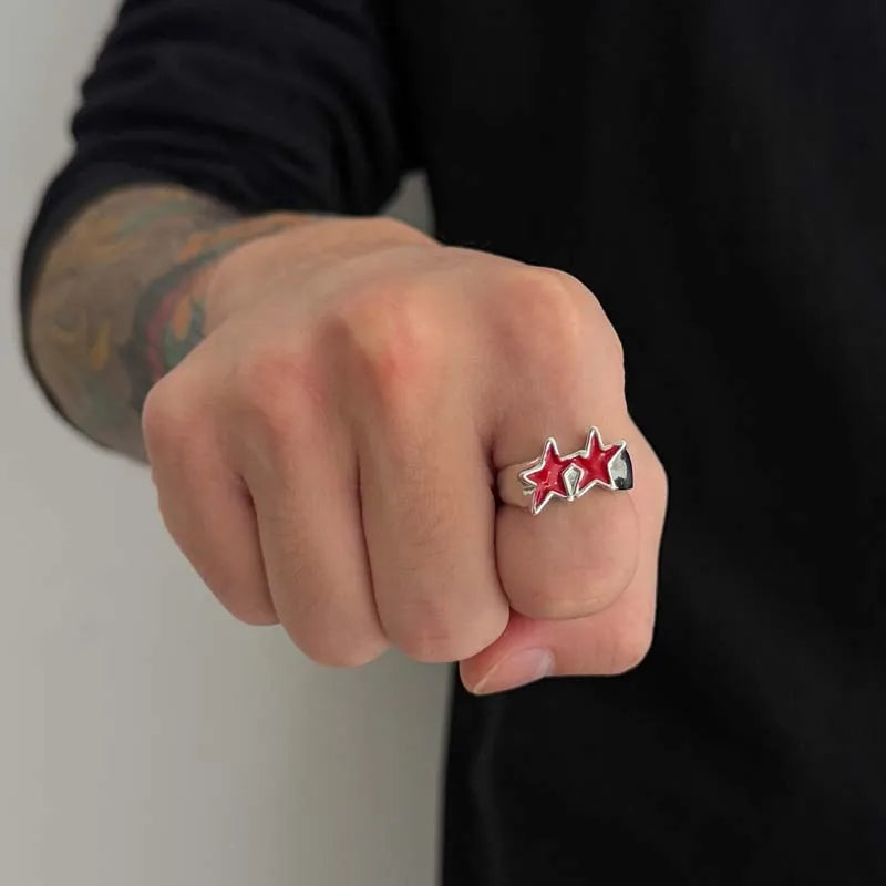 Vintage Black Drip Oil Pentagram Star Open Rings for Women Men Hip Hop Rock Metal Star Adjustable Couple Rings Jewelry