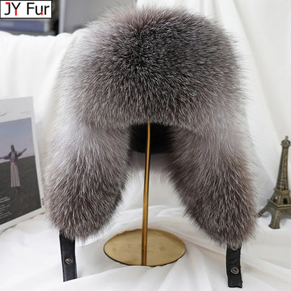 New Winter Men's 100% Real Silver Fox Fur Bomber Hat Raccoon Fur Ushanka Cap Trapper Russian Man Ski Hats Caps Real Leather