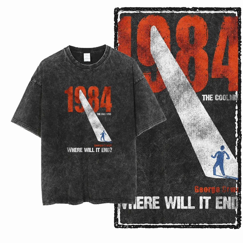 Black 1984 Vintage George Orwell Acid Wash Cotton T-Shirt