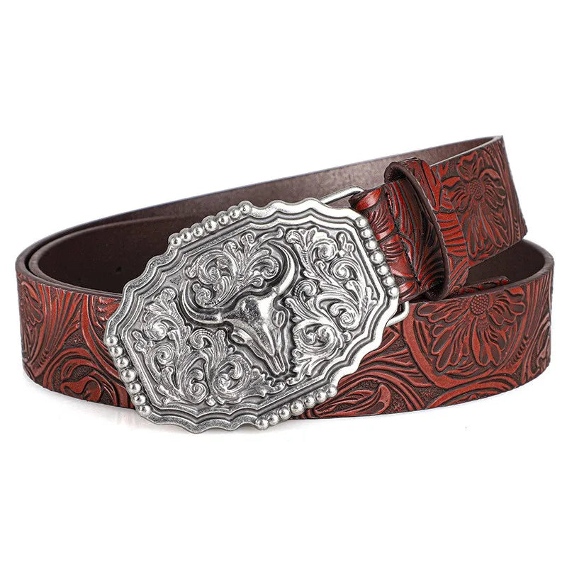 Western Bull Ox Head Leather Buckle Belt