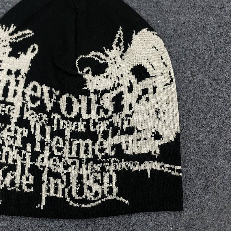 Gothic Dragon Print Letter Graphic Beanie Women 2026 Black Y2K Punk Streetwear Hat