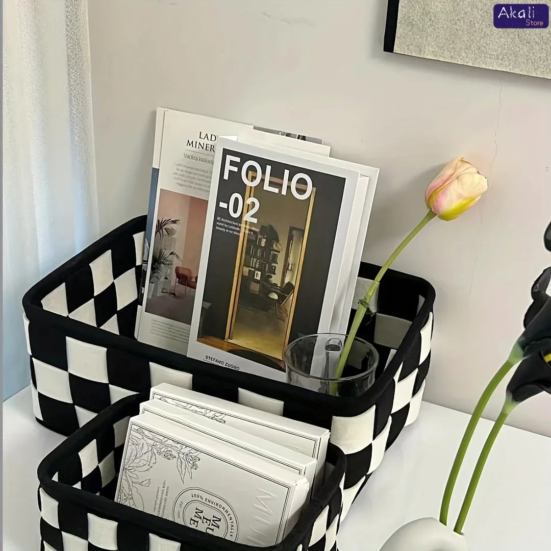 Black and White Checkered Storage Basket Desktop Cosmetics Storage Organizer Snack and Toy Storage Basket Home Decor