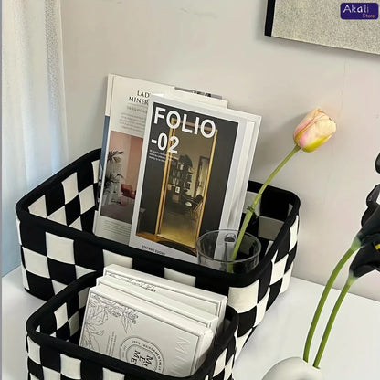 Black and White Checkered Storage Basket Desktop Cosmetics Storage Organizer Snack and Toy Storage Basket Home Decor