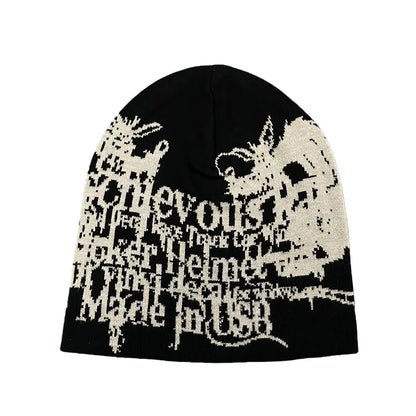 Gothic Dragon Print Letter Graphic Beanie Women 2026 Black Y2K Punk Streetwear Hat