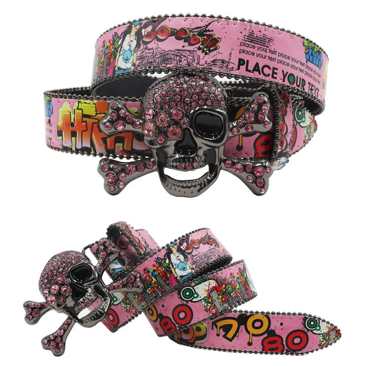 Skull Rhinestone Graffiti Print Belt