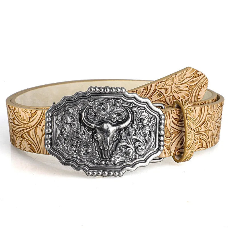 Western Bull Ox Head Leather Buckle Belt