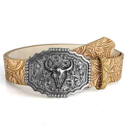 Western Bull Ox Head Leather Buckle Belt