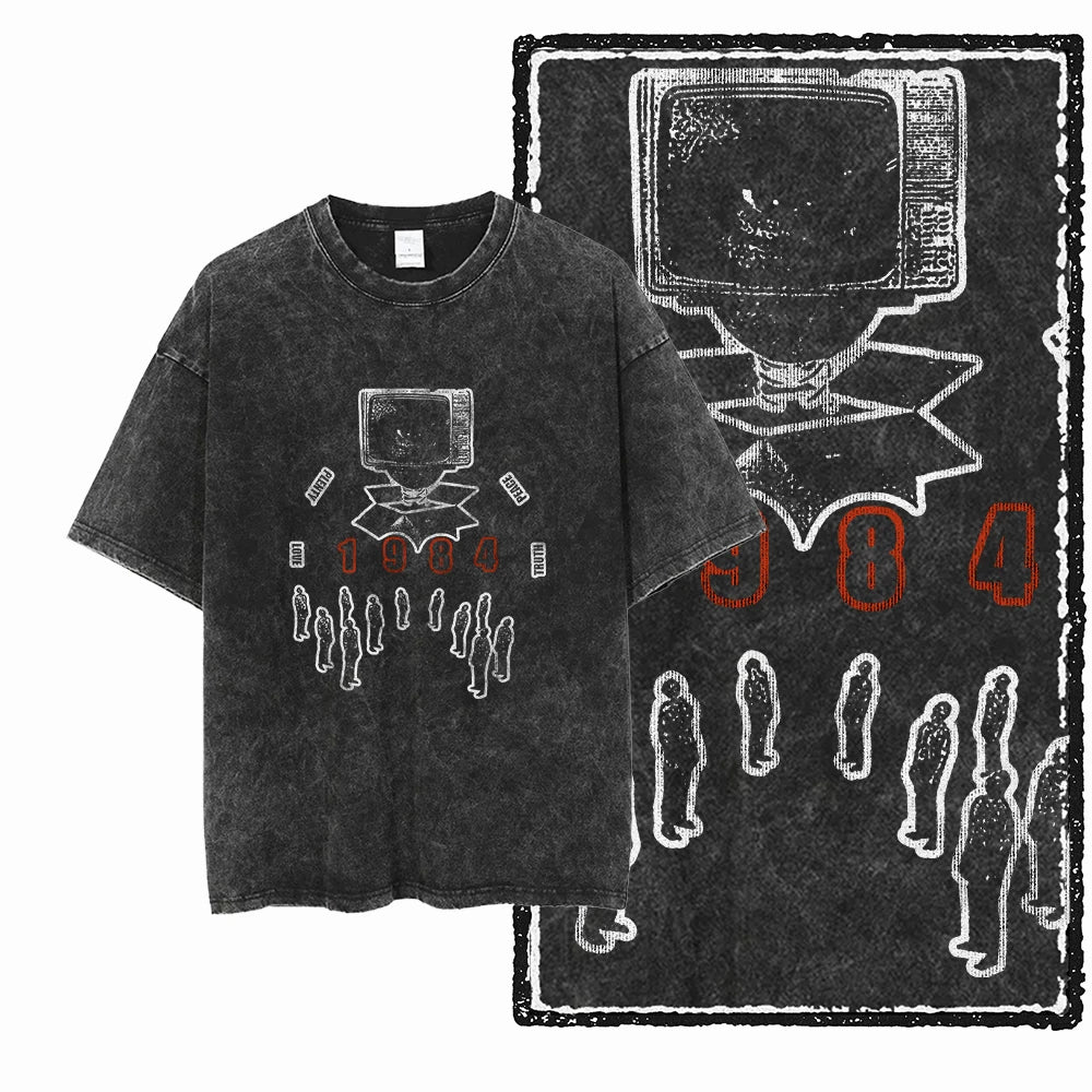 Black 1984 Vintage George Orwell Acid Wash Cotton T-Shirt