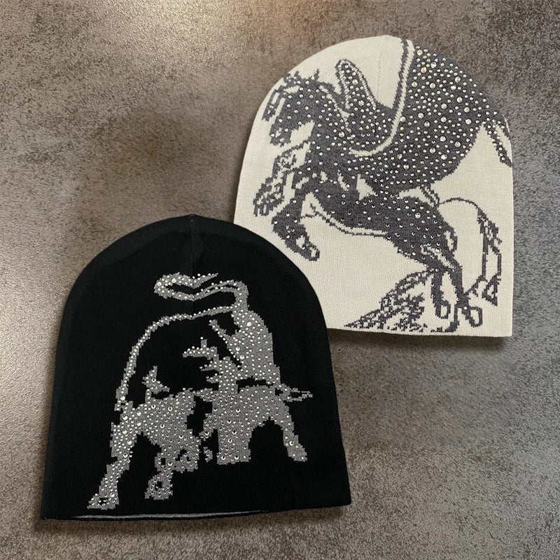 Y2k Diamond Studded Pegasus Horse Design Beanie