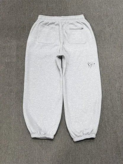 HOUZHOU Vintage Graphic Fleece Sweatpants Women Casual Classic Gray Black Wide Leg Warm Trouser Thick Jogger Hip Hop Winter 2024