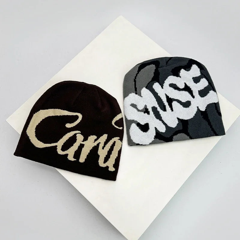 Autumn and Winter New Letter Wool Knitted Hats Color Block Warm Hip Hop Personal Beanies Versatile Street Fashion Niche Skate