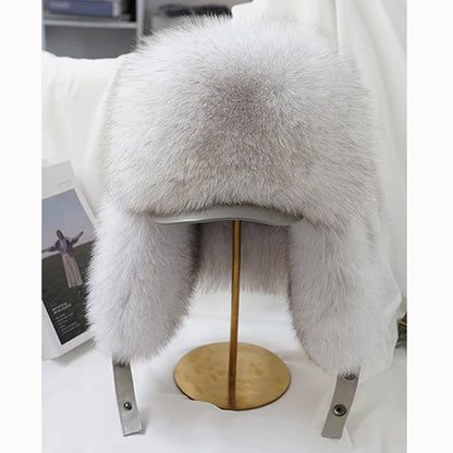 New Winter Men's 100% Real Silver Fox Fur Bomber Hat Raccoon Fur Ushanka Cap Trapper Russian Man Ski Hats Caps Real Leather