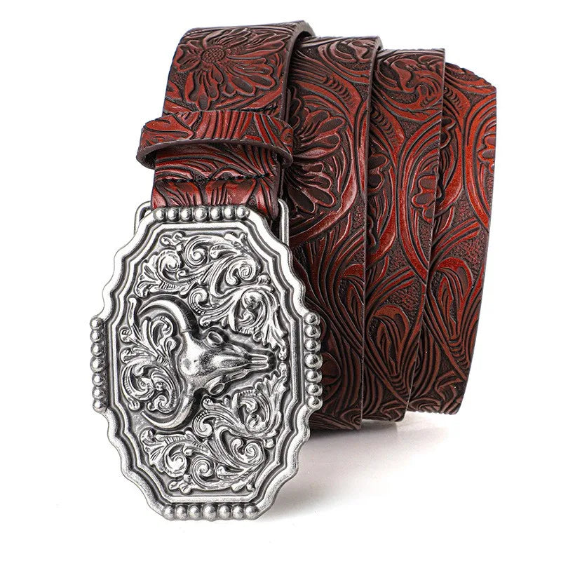Western Bull Ox Head Leather Buckle Belt