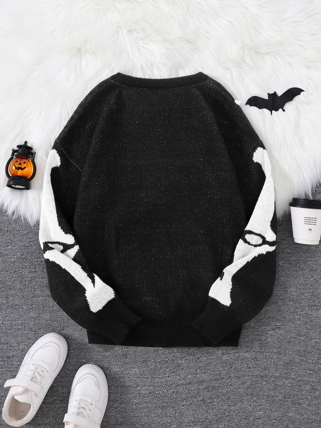 New Trendy Body Skeleton Jacquard Pattern Pullover Sweater Casual Round Neck Color-Blocking Knit Men's Pullover