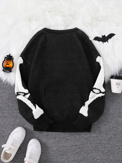 New Trendy Body Skeleton Jacquard Pattern Pullover Sweater Casual Round Neck Color-Blocking Knit Men's Pullover