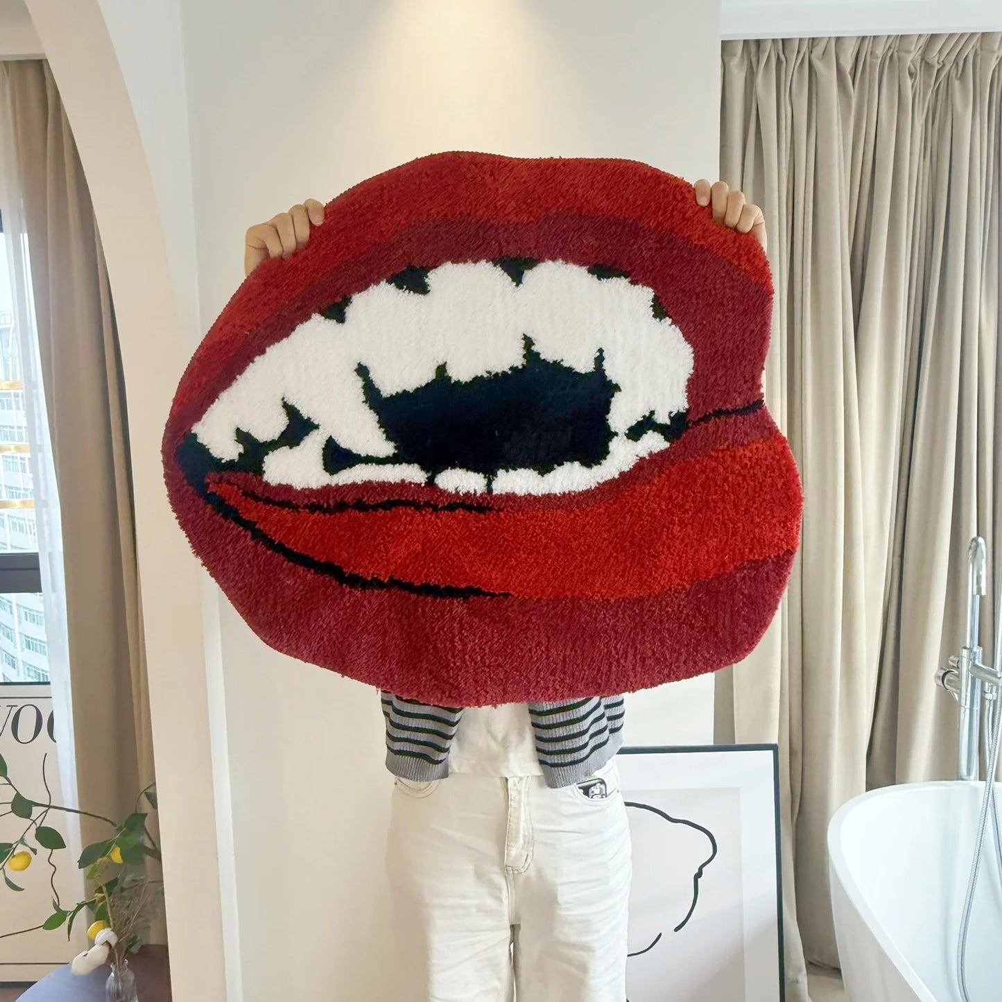 Red Lips Shaped Tufted Rug Aesthetic Vampire Teeth Print Soft Fluffy Non Slip Floor Flocking Mat for Bedroom Decor