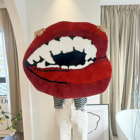 Red Lips Shaped Tufted Rug Aesthetic Vampire Teeth Print Soft Fluffy Non Slip Floor Flocking Mat for Bedroom Decor