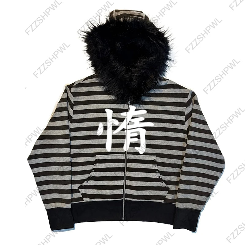Grunge Goth Y2K Zip up hoodie Harajuku Letter Print Streetwear Punk Zipper Hoodie sweatshirt Retro Oversized Hip Hop Jacket EMO
