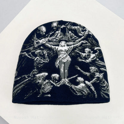 Dark Style Jacquard Angel Skull Knitted Hats Warm Hip-hop Fashion New Men Women Color Block Personal Street Beanies Versatile