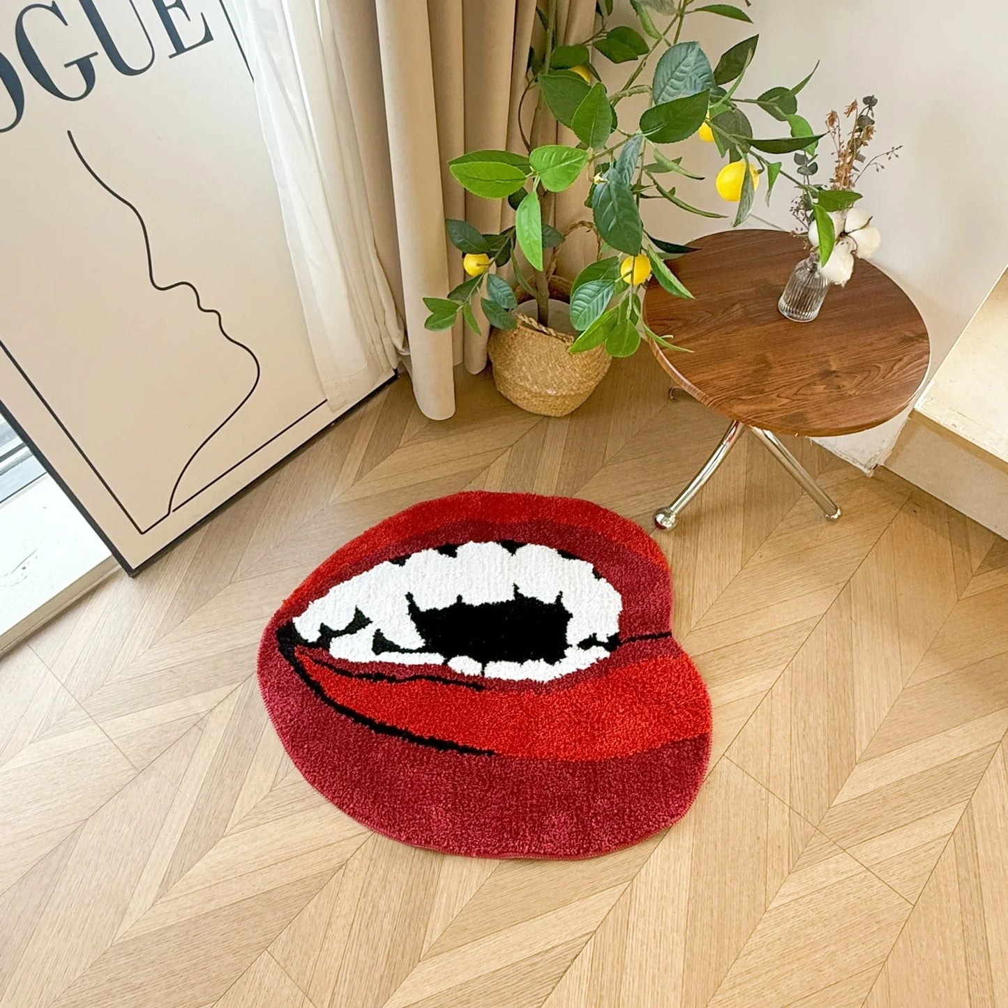 Red Lips Shaped Tufted Rug Aesthetic Vampire Teeth Print Soft Fluffy Non Slip Floor Flocking Mat for Bedroom Decor