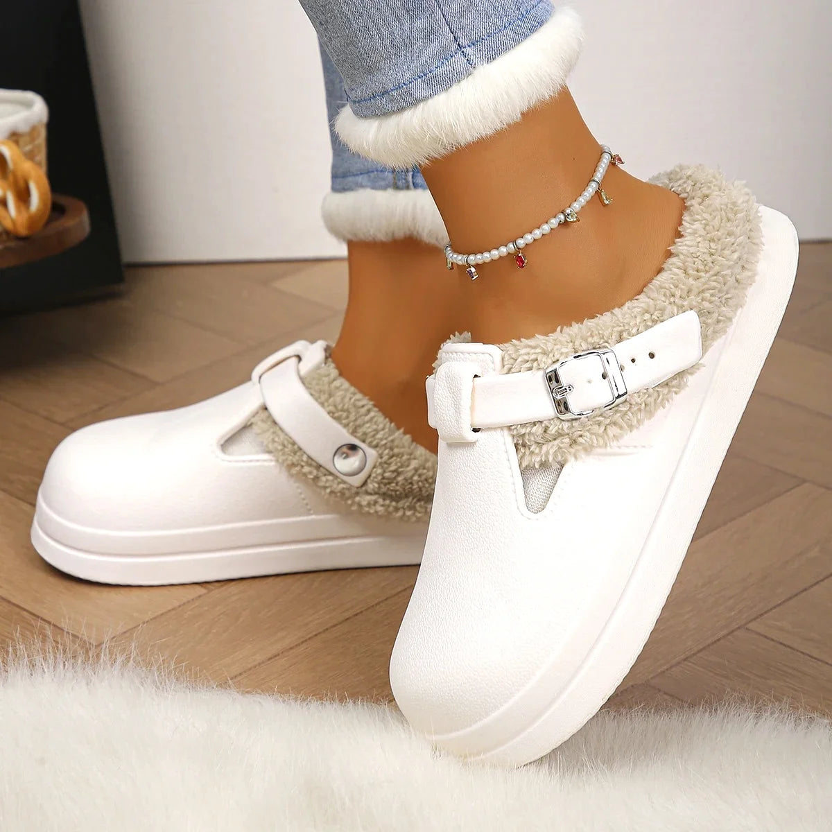 Waterproof Eva Furry Mules Slippers Women 2025 Winter Metal Buckle Warm Plush Slippers Soft Thick Bottom Non Slip Indoor Slides