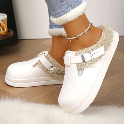 Waterproof Eva Furry Mules Slippers Women 2025 Winter Metal Buckle Warm Plush Slippers Soft Thick Bottom Non Slip Indoor Slides