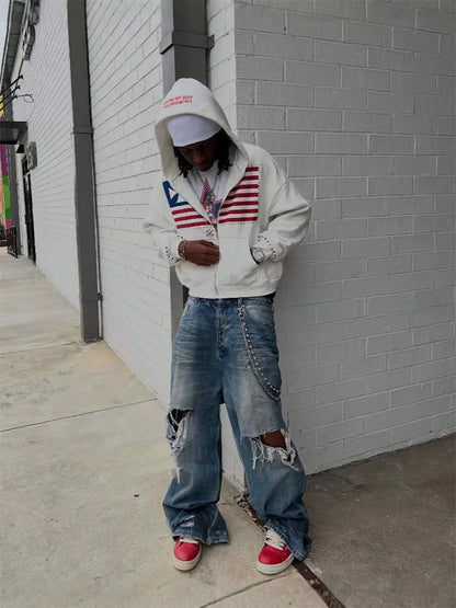 Autumn new national flag minimalist design color collision pattern men hooded sweatshirt Harajuku Y2k loose zipper sweatshirt