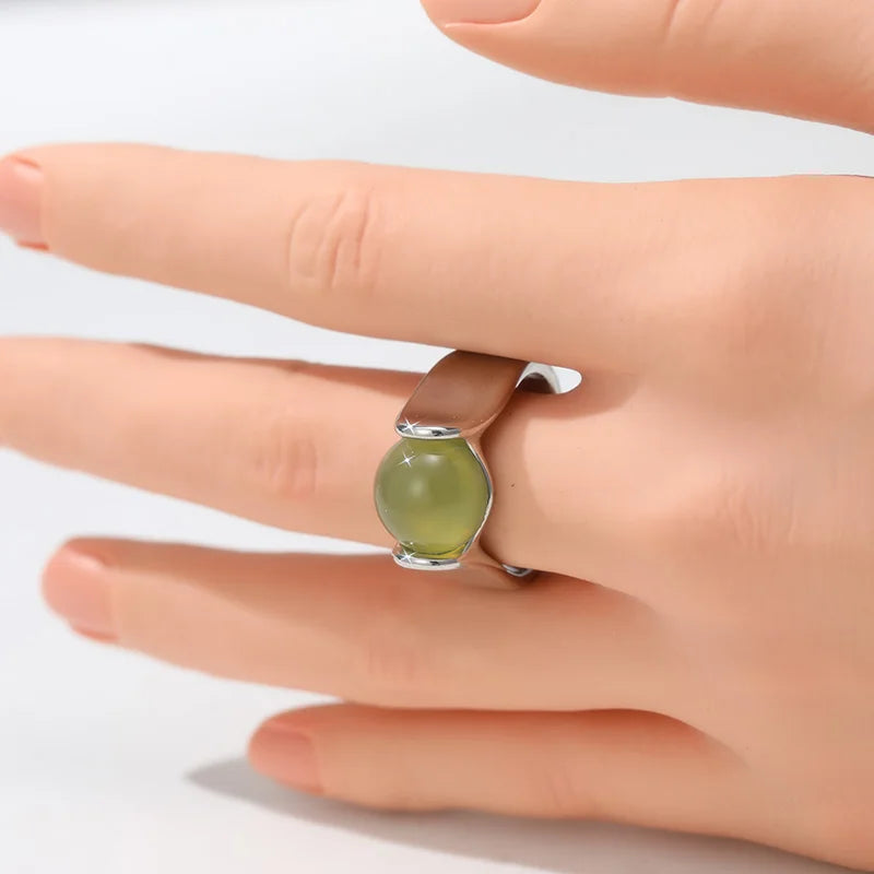 Trendy Inlaid Green Stone Women's Ring Aesthetic Silver Color Geometry Daily Wear Party Jewelry Anniversary Gift