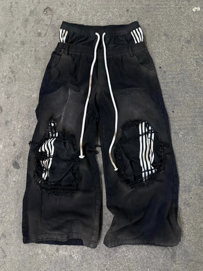 2026 New Y2K Korean fashion brand stripe hole baggy jeans harajuku men women street hip hop casual couple Wide-leg pants