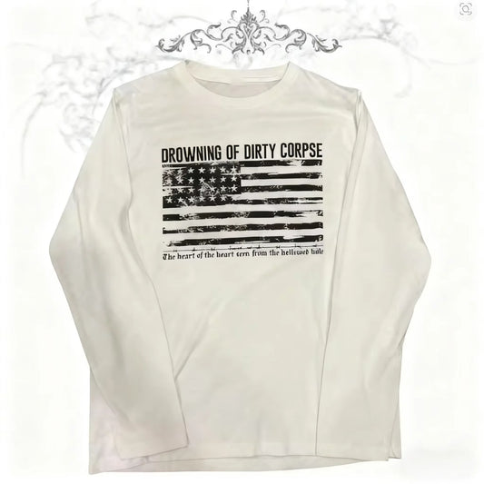 American Subculture Letter Print T-shirt Harajuku Hip Hop Long Sleeve Tees Women Loose All Match White Top Street Retro Clothing