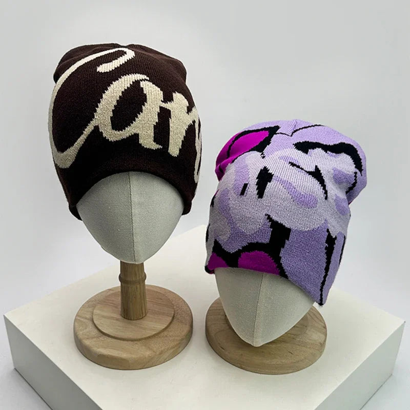 Autumn and Winter New Letter Wool Knitted Hats Color Block Warm Hip Hop Personal Beanies Versatile Street Fashion Niche Skate