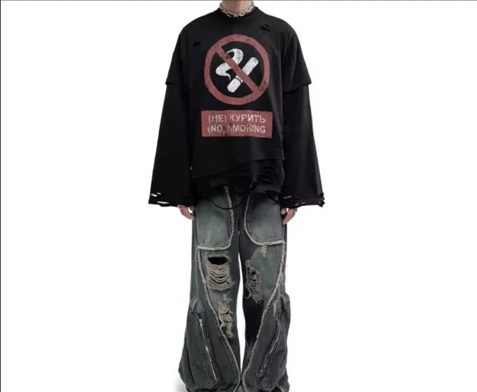 Y2K Cigarette Pattern Print Streetwear Harajuku Hip Hop Ripped Long Sleeve Top Gothic Fashion Crew Neck Sweatshirt Men Women