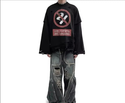 Y2K Cigarette Pattern Print Streetwear Harajuku Hip Hop Ripped Long Sleeve Top Gothic Fashion Crew Neck Sweatshirt Men Women
