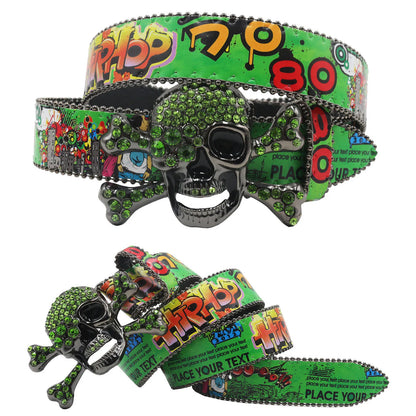 Big Skull Punk Black Rhinestone Belt Ladies Designer Belt Diamond Soldier Belt Western Cowboy Y2K Fashion Belt Hip Hop Graffiti
