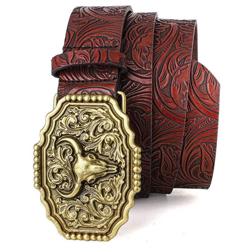 Western Bull Ox Head Leather Buckle Belt