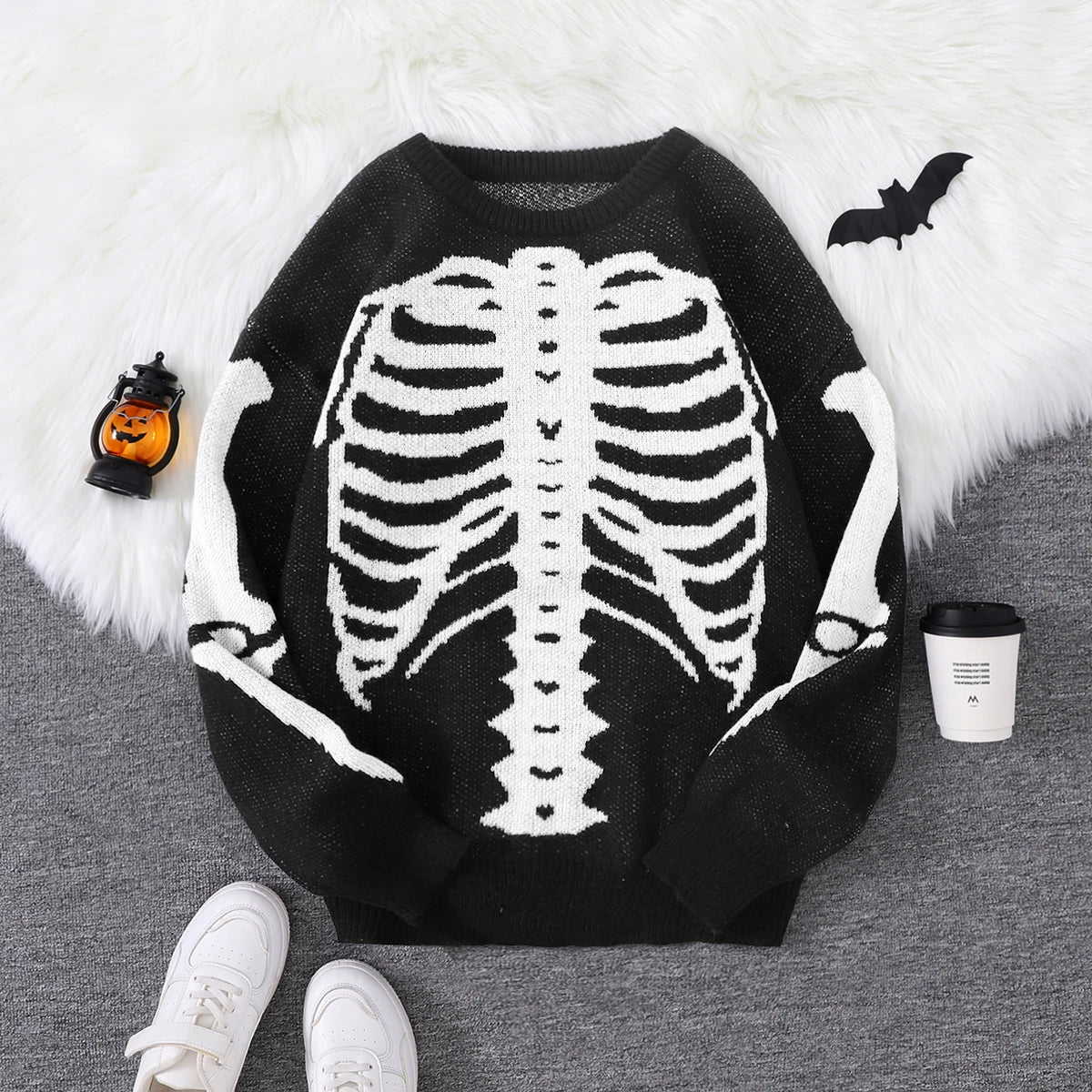 New Trendy Body Skeleton Jacquard Pattern Pullover Sweater Casual Round Neck Color-Blocking Knit Men's Pullover