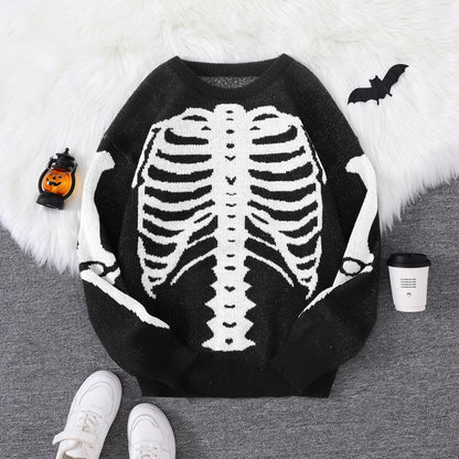 New Trendy Body Skeleton Jacquard Pattern Pullover Sweater Casual Round Neck Color-Blocking Knit Men's Pullover