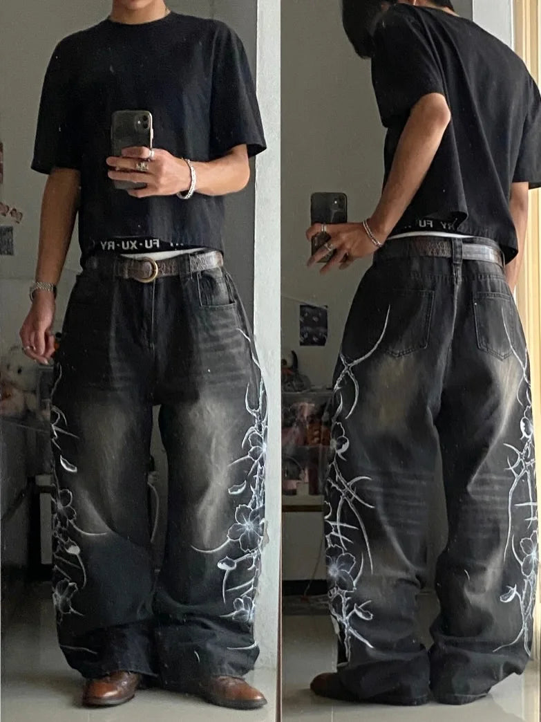 2026 New Y2K Korean fashion brand stripe hole baggy jeans harajuku men women street hip hop casual couple Wide-leg pants
