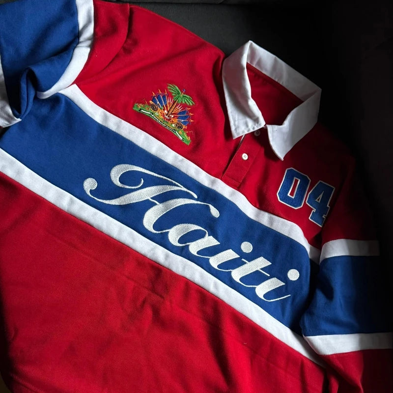 Mens Polo Vintage Shirt Long Sleeve Block Red Blue White Harajuku Unisex Casual Loose Fit Streetwear Preppy Sports Fashion Y2k