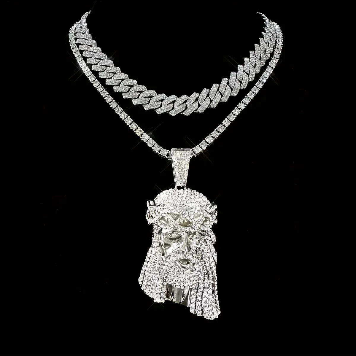 Stylish 3D Jesus Pendant Necklace - Hip Hop Inspired with Layered Cuban & Tennis Chains, Rhinestone Accents,Fashion Jewelry