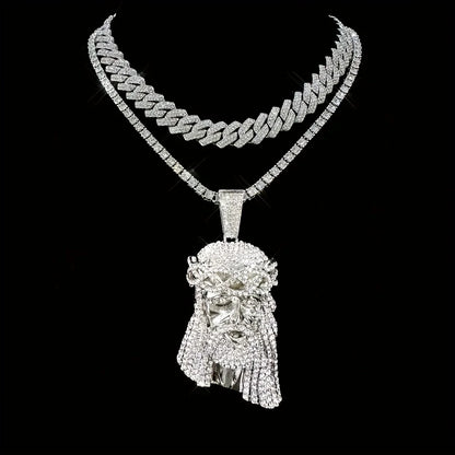 Stylish 3D Jesus Pendant Necklace - Hip Hop Inspired with Layered Cuban & Tennis Chains, Rhinestone Accents,Fashion Jewelry