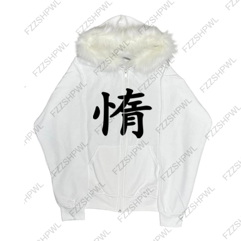 Grunge Goth Y2K Zip up hoodie Harajuku Letter Print Streetwear Punk Zipper Hoodie sweatshirt Retro Oversized Hip Hop Jacket EMO