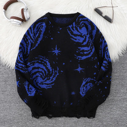 New Trendy Street Style Ripped Abstract Starry Sky Pattern Pullover Ripped Sweater Casual Crew Neck Knitted Men's Pullover